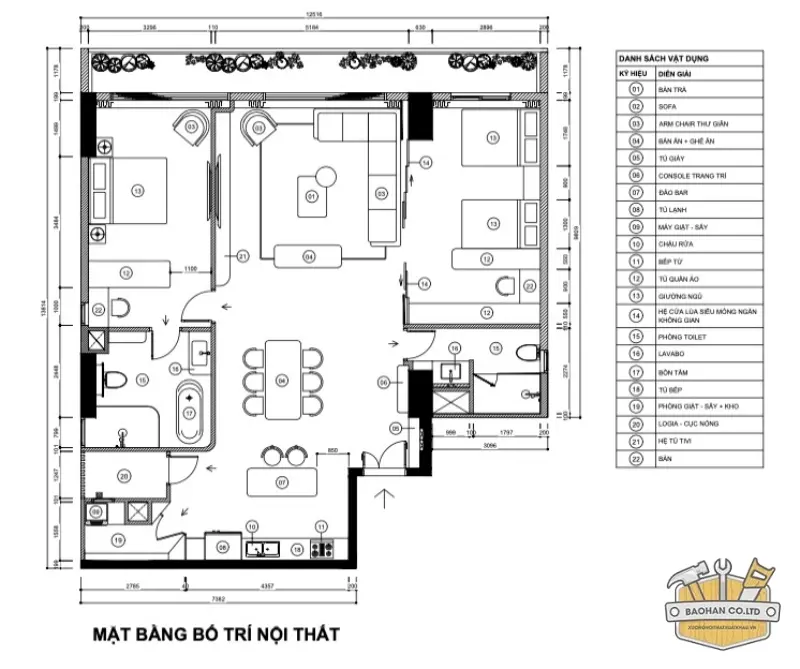 Mặt bằng các khu vực chức năng và bố trí nội thất