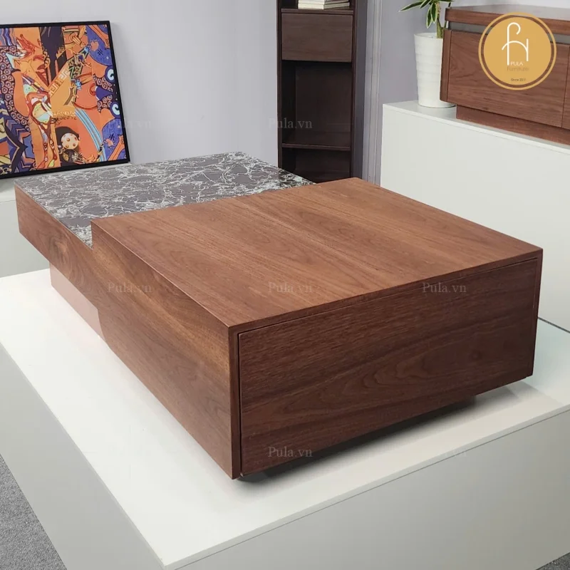 Bàn trà chữ nhật phong cách Ý hiện đại BT114 mặt đá đen