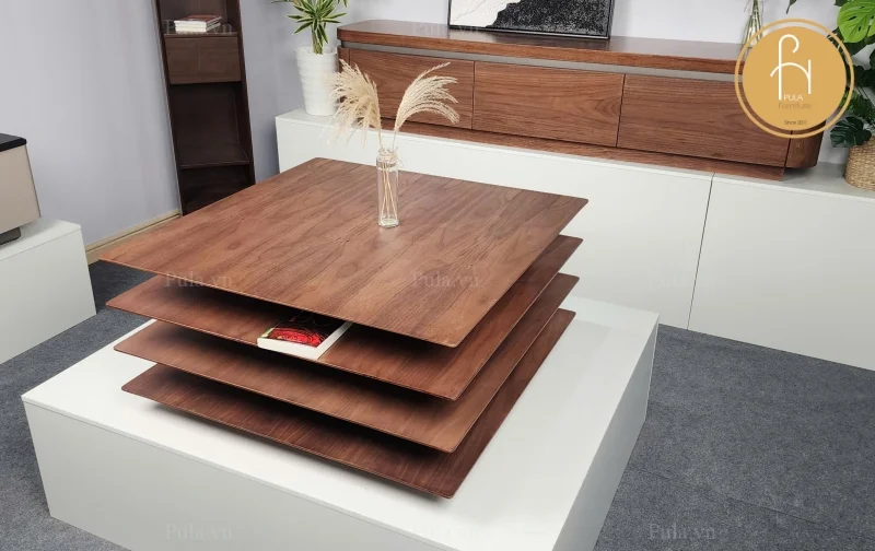 Bàn trà gỗ 4 tầng phong cách Ý BT110 và bàn Tab đồng kiểu