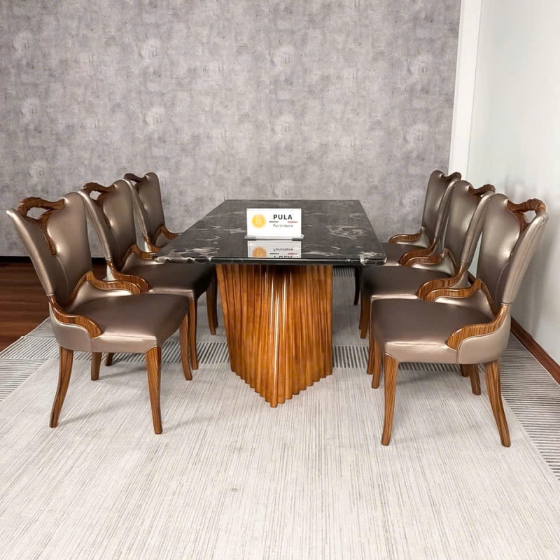 Bộ bàn đá tân cổ điển mặt đá 6 ghế BGA61 mặt đá đen sang trọng