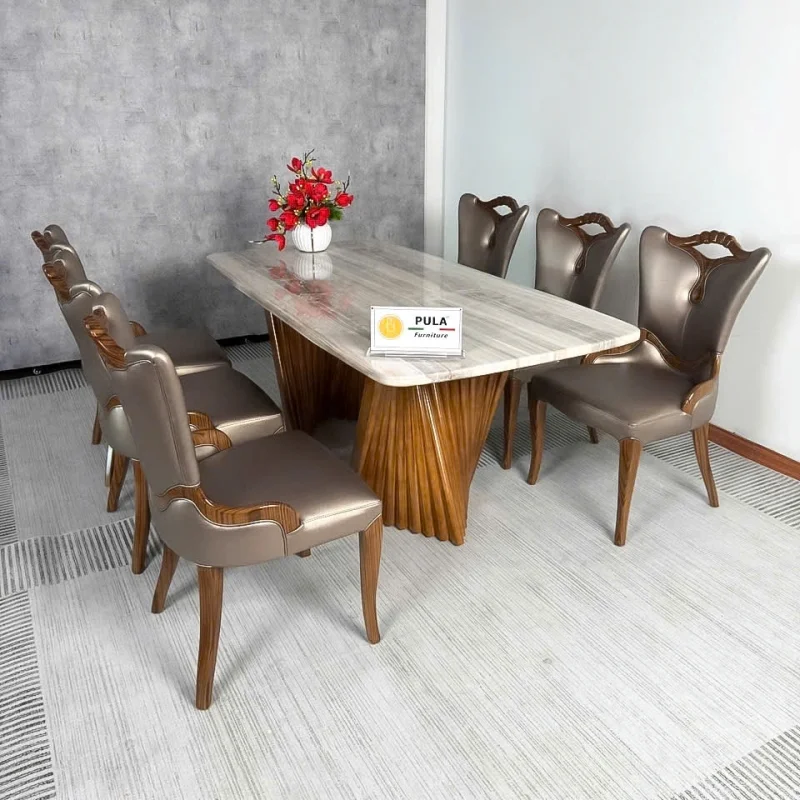 Bộ bàn đá tân cổ điển mặt đá 6 ghế BGA61 trắng vân ghi
